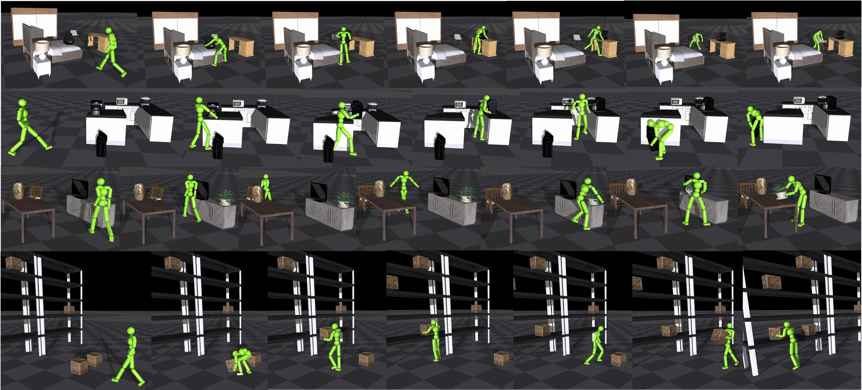 Rows of simulated humanoids completing sequential object transport in cluttered bedroom, kitchen, living-room, and warehouse scenes
